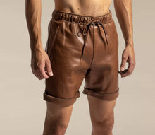 Load image into Gallery viewer, Mens Brown Biker Leather Shorts. Real Soft Lambskin Leather Boxers Shorts. 34