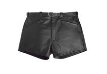 Load image into Gallery viewer, Men's New Black leather Shorts. Real Soft Sheepskin Belted Biker leather Shorts.