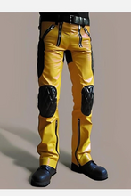 Load image into Gallery viewer, New Men's Yellow Quilted Biker Leather Pant. Real Sheepskin Striped Leather Pant.