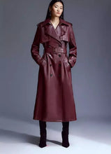 Load image into Gallery viewer, New Women's Burgundy Trench Leather Coat. Real Soft Lambskin Leather Long Coat M