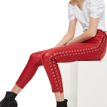 Load image into Gallery viewer, Women's Red Lace Up Capri Leather Pants. Real Soft Sheepskin Biker Leather Pant.