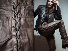 Load image into Gallery viewer, Women's Brown Laced-Up Leather Pants. Real Soft Sheepskin Biker Leather Pants.