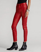 Load image into Gallery viewer, Women's New Red Cropped Leather Pants. Real Soft Lambskin Biker Leather Pant.