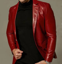 Load image into Gallery viewer, Brand New Men's Red Color Leather Blazer. Real Soft Lambskin Leather Overcoat.