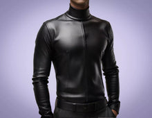 Load image into Gallery viewer, New Men's & Boys Black Turtle Neck Leather T-Shirt. Real Soft Lambskin Leather.