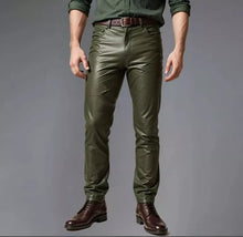 Load image into Gallery viewer, Men's Leather Olive Green Lambskin Sweat Jeans Pants. Real Soft Leather Jeans 34