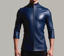 Load image into Gallery viewer, Men's Dark Blue Motorcycle Leather Jacket. Real Soft Sheepskin Leather T-shirt M
