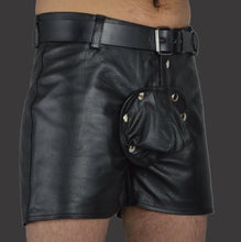 Load image into Gallery viewer, Brand New Men's Black Leather Shorts. Real Soft Sheepskin leather LGBTQ Shorts.