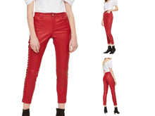 Load image into Gallery viewer, Women's Red Lace Up Capri Leather Pants. Real Soft Sheepskin Biker Leather Pant.