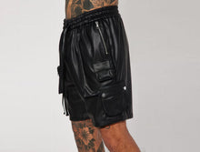 Load image into Gallery viewer, Men's New Black Cargo Leather Shorts. Real Soft Sheepskin leather Biker Shorts.