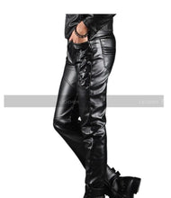 Load image into Gallery viewer, Men's New Motorcycle Leather Pant. Real Soft Lambskin Side Lace Black Biker Pant.