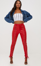 Load image into Gallery viewer, Women's Red Lace Up Capri Leather Pants. Real Soft Lambskin Biker Leather Pant..