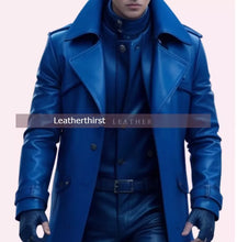Load image into Gallery viewer, New Mens Blue Trench Leather Long Coat. Real Soft Lambskin Leather Jacket XL