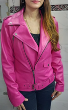 Load image into Gallery viewer, Womens Pink Biker Leather Jacket. Real Soft Sheepskin Motorcycle Leather Jacket.
