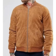 Load image into Gallery viewer, Mens Brown Collarless Suede Leather Jacket. Real Sheepskin Bomber Leather Jacket.