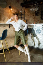 Load image into Gallery viewer, Womens Olive Green leather shorts| Genuine lambskin Leather Bermuda Style Shorts