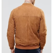 Load image into Gallery viewer, Mens Brown Collarless Suede Leather Jacket. Real Sheepskin Bomber Leather Jacket.