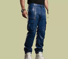 Load image into Gallery viewer, Men's Blue Cargo Leather Pant, Olive Green Leather Jeans Pant & Brown Shorts. Real Sheepskin Leather.