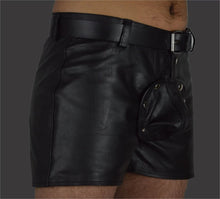 Load image into Gallery viewer, Brand New Men's Black Leather Shorts. Real Soft Sheepskin leather LGBTQ Shorts.