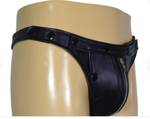 Load image into Gallery viewer, A pair of two Men's Black Leather Thong Jock. Real Leather Breathable Jockstraps