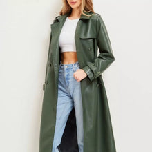 Load image into Gallery viewer, Women's New Trench Leather coat. Real Soft Lambskin Leather. Green Long Coat.