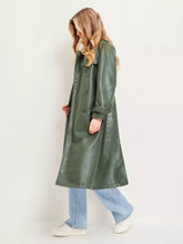 Load image into Gallery viewer, Women's New Trench Leather coat. Real Soft Lambskin Leather. Green Long Coat.