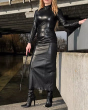 Load image into Gallery viewer, Womens New Black Crop Leather Dress. Slim Fit Long Dress. Real Lambskin Leather