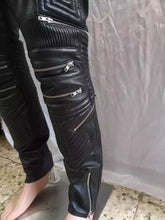 Load image into Gallery viewer, Men's New Black/ Purple Quilted Cargo Leather Pant. Real Soft Lambskin Motorcycle Leather Pant