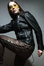 Load image into Gallery viewer, Women's Brown Laced-Up Leather Pants. Real Soft Sheepskin Biker Leather Pants.