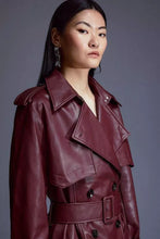 Load image into Gallery viewer, New Women's Burgundy Trench Leather Coat. Real Soft Lambskin Leather Long Coat M