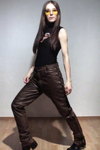 Load image into Gallery viewer, Women's Brown Laced-Up Leather Pants. Real Soft Sheepskin Biker Leather Pants.