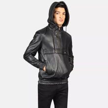 Load image into Gallery viewer, New Mens Black Hooded Bomber Leather Jacket. Real Soft Sheep Skin Leather Jacket