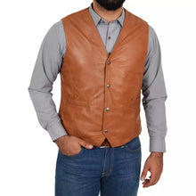 Load image into Gallery viewer, Men's New Motorbike Leather Vest. Real Soft Sheep Brown Leather Vest. Wedding.