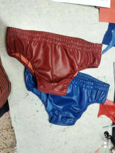 Load image into Gallery viewer, A pair of two Men's Maroon & Blue Leather Briefs. Real Soft Sheepskin Leather Underwear's 32