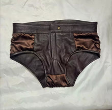 Load image into Gallery viewer, A pair of two Men's Brown Leather Briefs. Real Soft Sheepskin Leather Underwears