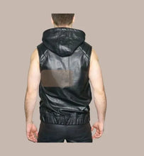 Load image into Gallery viewer, Mens New Black Motorcycle Hooded Leather Vest. Real Sheepskin Leather Biker Vest