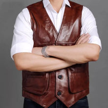 Load image into Gallery viewer, Men's New Motorbike Leather Vest. Real Cowhide Leather jacket| Dark Brown Vest.