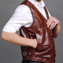 Load image into Gallery viewer, Men's New Motorbike Leather Vest. Real Cowhide Leather jacket| Dark Brown Vest.