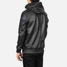 Load image into Gallery viewer, New Mens Black Hooded Bomber Leather Jacket. Real Soft Sheep Skin Leather Jacket