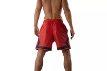 Load image into Gallery viewer, Men's Red Biker Striped Leather Shorts. Real Soft Sheepskin Breathable Leather.