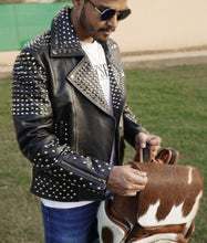 Load image into Gallery viewer, Mens New Silver Studded Biker Leather Jacket. Real Sheepskin Leather Motorcycle.