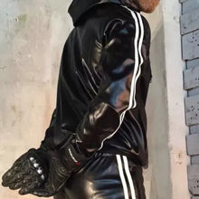 Load image into Gallery viewer, Men's & boys black Leather Hooded Jacket & Trouser. Real Soft Sheepskin leather.