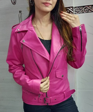 Load image into Gallery viewer, Womens Pink Biker Leather Jacket. Real Soft Sheepskin Motorcycle Leather Jacket.