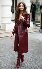 Load image into Gallery viewer, Women's New Trench Leather coat. Real Soft Lambskin Leather. Burgundy Long Coat.