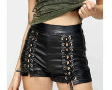 Load image into Gallery viewer, New Women's black Laced leather shorts. Real Soft lambskin Biker leather Shorts
