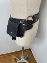 Load image into Gallery viewer, Black leather crossbody belt bag. Hip Purse Crossbody Zip Snap Steampunk Biker.