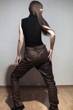 Load image into Gallery viewer, Women's Brown Laced-Up Leather Pants. Real Soft Sheepskin Biker Leather Pants.