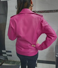 Load image into Gallery viewer, Womens Pink Biker Leather Jacket. Real Soft Sheepskin Motorcycle Leather Jacket.