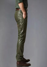 Load image into Gallery viewer, Men's Leather Olive Green Lambskin Sweat Jeans Pants. Real Soft Leather Jeans 34