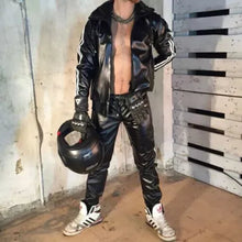 Load image into Gallery viewer, Men's & boys black Leather Hooded Jacket & Trouser. Real Soft Sheepskin leather.